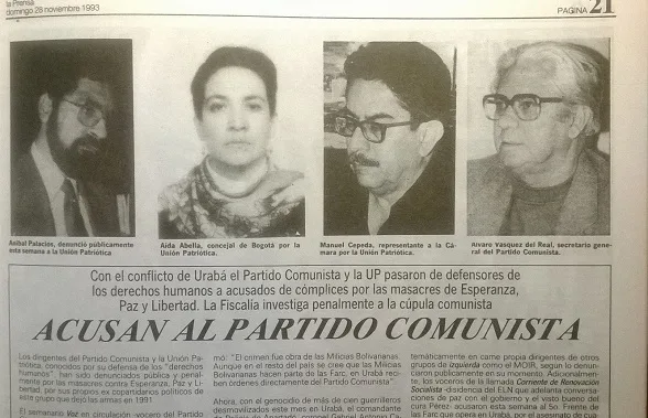 partido comunista y up Aida Abella, Vasquez del Real y Manuel Cepeda participaron, según el DAS, en masacres de militantes de su mismo partido y otros. (Foto Periodismo Sin Fronteras)